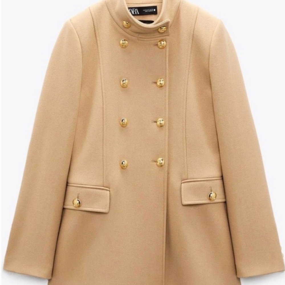Zara Camel Double-Breasted Pea Coat